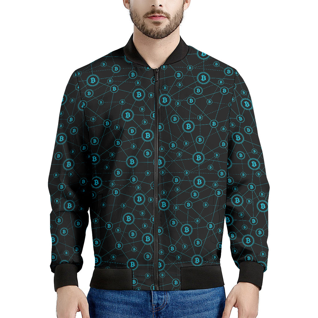 Blue Bitcoin Pattern Print Men's Bomber Jacket