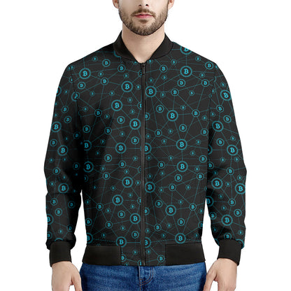 Blue Bitcoin Pattern Print Men's Bomber Jacket