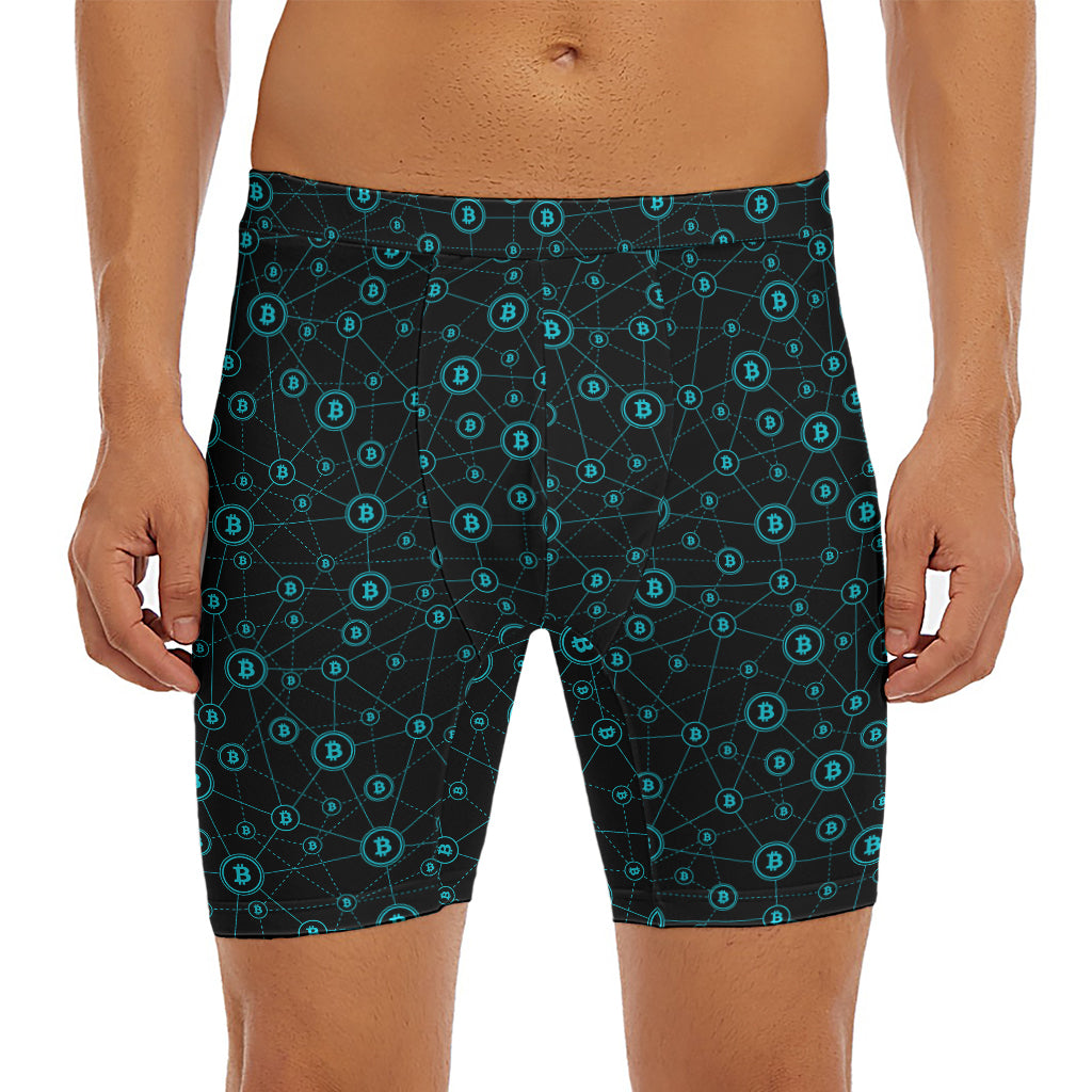 Blue Bitcoin Pattern Print Men's Long Boxer Briefs