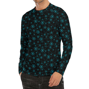 Blue Bitcoin Pattern Print Men's Long Sleeve Rash Guard