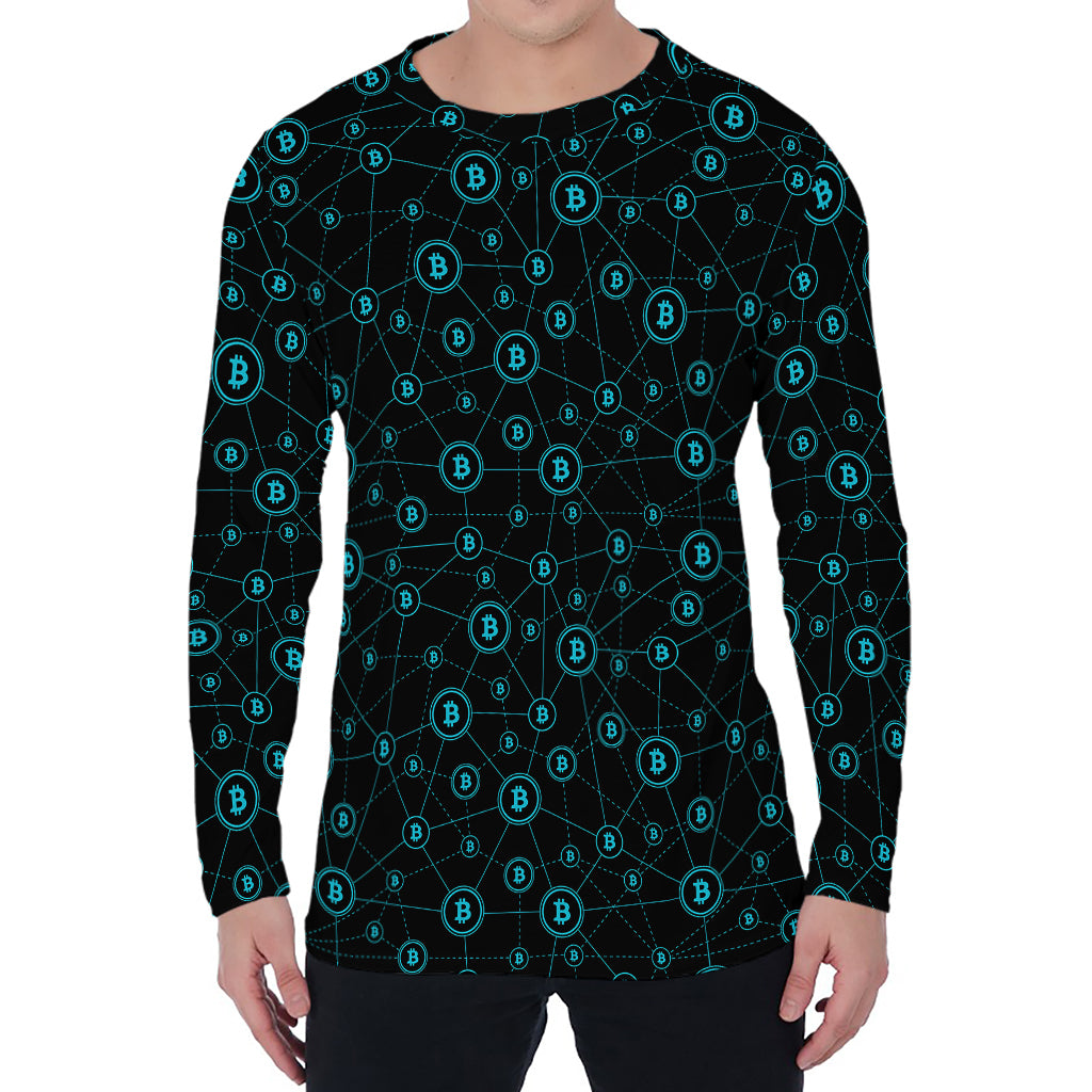 Blue Bitcoin Pattern Print Men's Long Sleeve T-Shirt