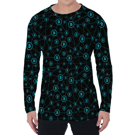 Blue Bitcoin Pattern Print Men's Long Sleeve T-Shirt