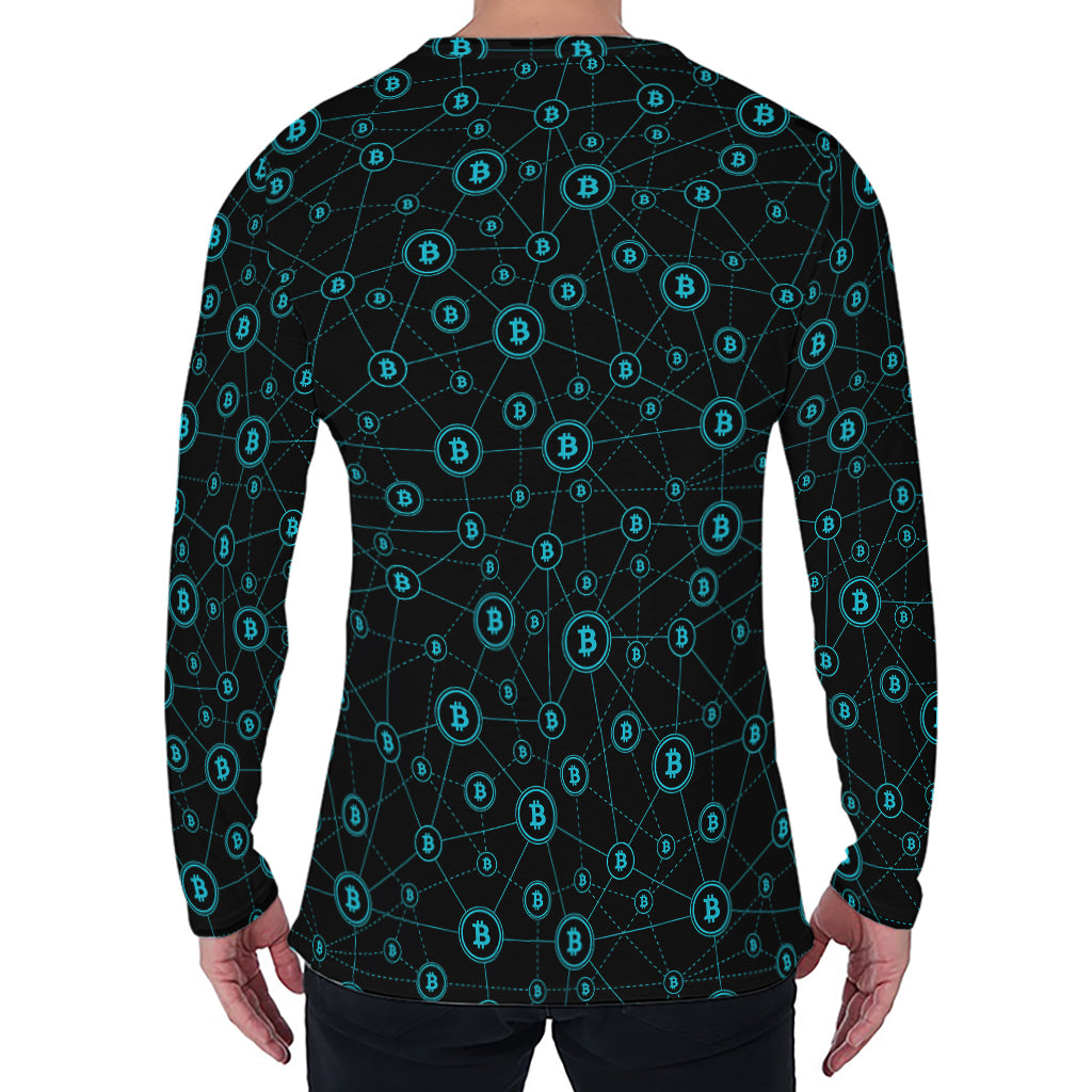 Blue Bitcoin Pattern Print Men's Long Sleeve T-Shirt