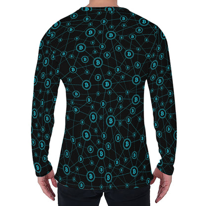 Blue Bitcoin Pattern Print Men's Long Sleeve T-Shirt