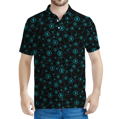 Blue Bitcoin Pattern Print Men's Polo Shirt