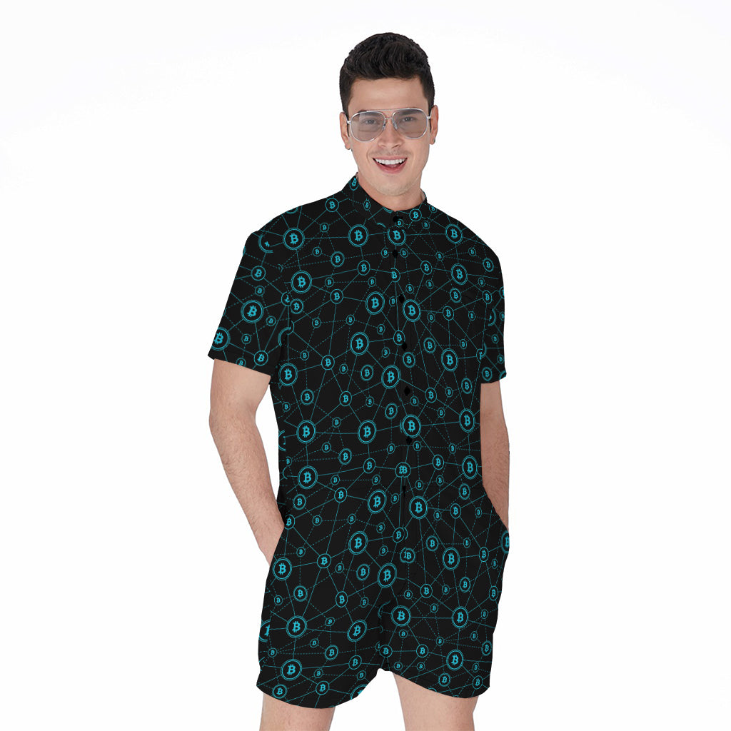 Blue Bitcoin Pattern Print Men's Rompers