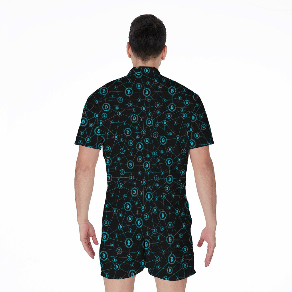 Blue Bitcoin Pattern Print Men's Rompers