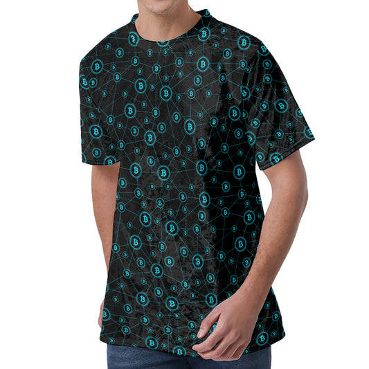 Blue Bitcoin Pattern Print Men's Velvet T-Shirt