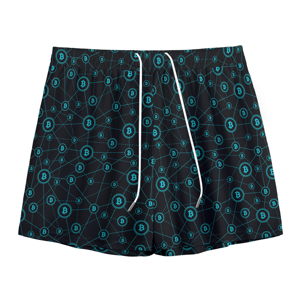 Blue Bitcoin Pattern Print Mesh Shorts