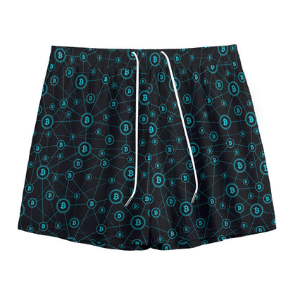 Blue Bitcoin Pattern Print Mesh Shorts