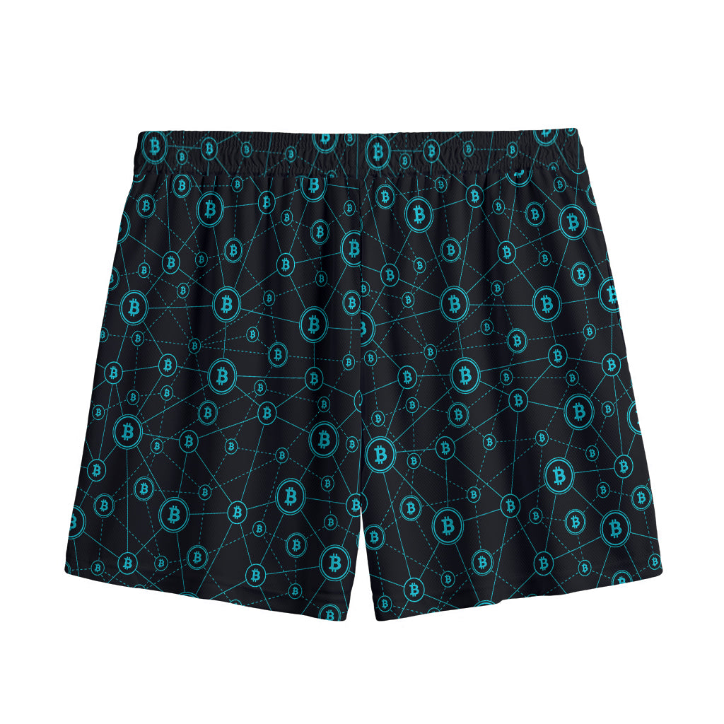 Blue Bitcoin Pattern Print Mesh Shorts
