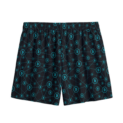 Blue Bitcoin Pattern Print Mesh Shorts