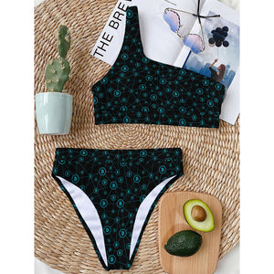 Blue Bitcoin Pattern Print One Shoulder Bikini Top