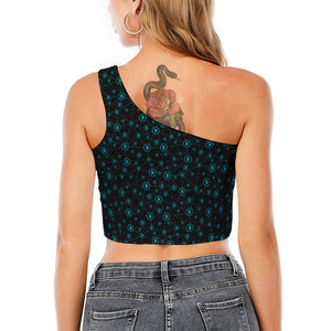 Blue Bitcoin Pattern Print One Shoulder Crop Top