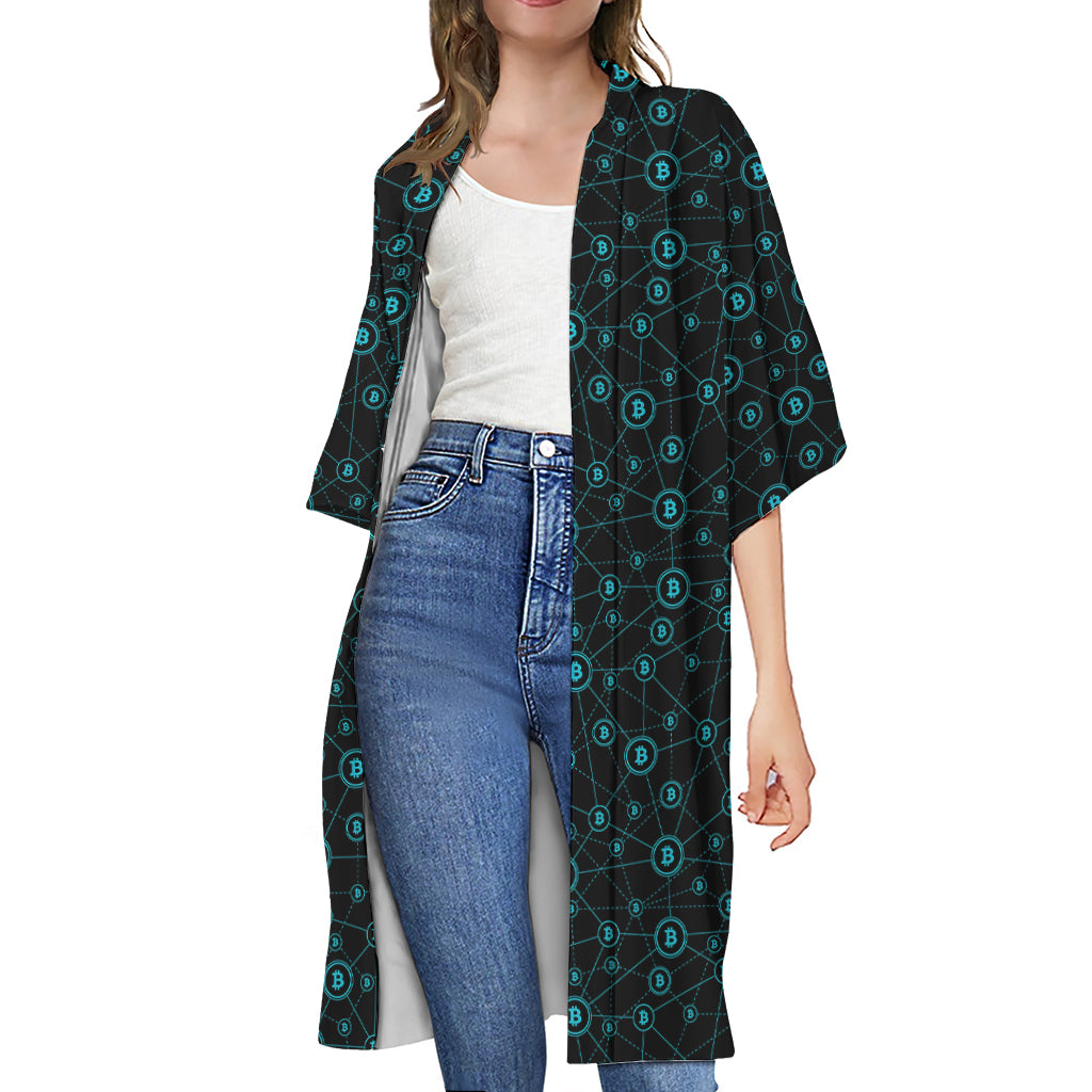 Blue Bitcoin Pattern Print Open Front Beach Cover Up