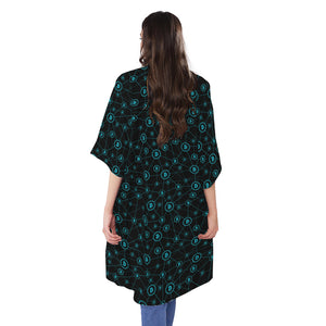 Blue Bitcoin Pattern Print Open Front Beach Cover Up