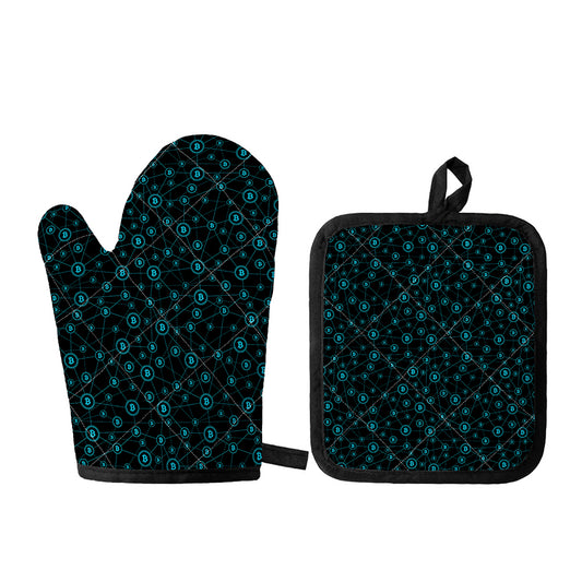Blue Bitcoin Pattern Print Oven Mitt And Pot Holder Set