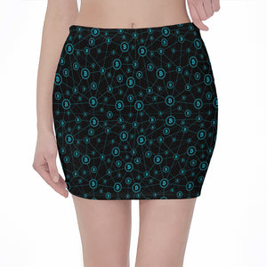 Blue Bitcoin Pattern Print Pencil Mini Skirt