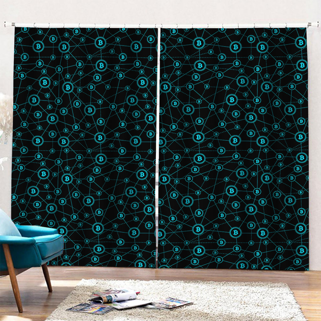 Blue Bitcoin Pattern Print Pencil Pleat Curtains