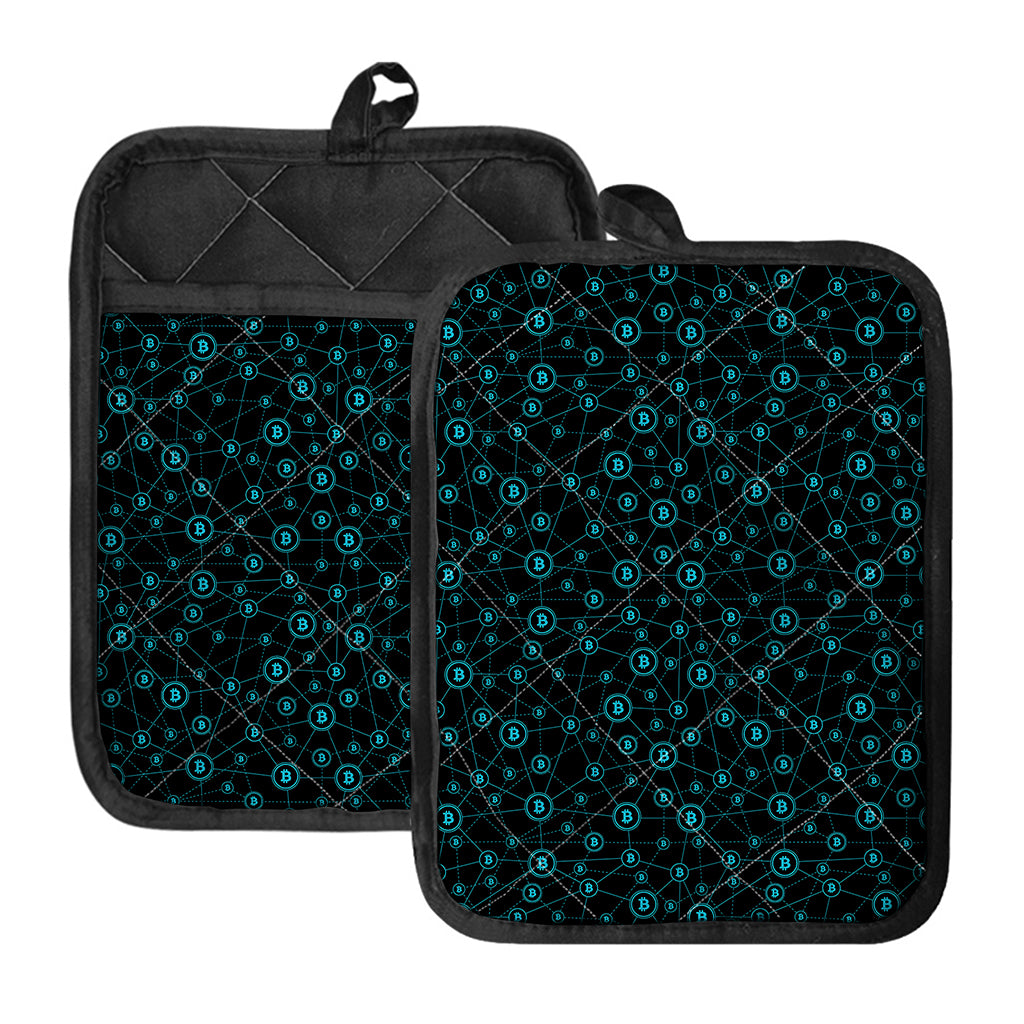 Blue Bitcoin Pattern Print Pot Holders With Pocket