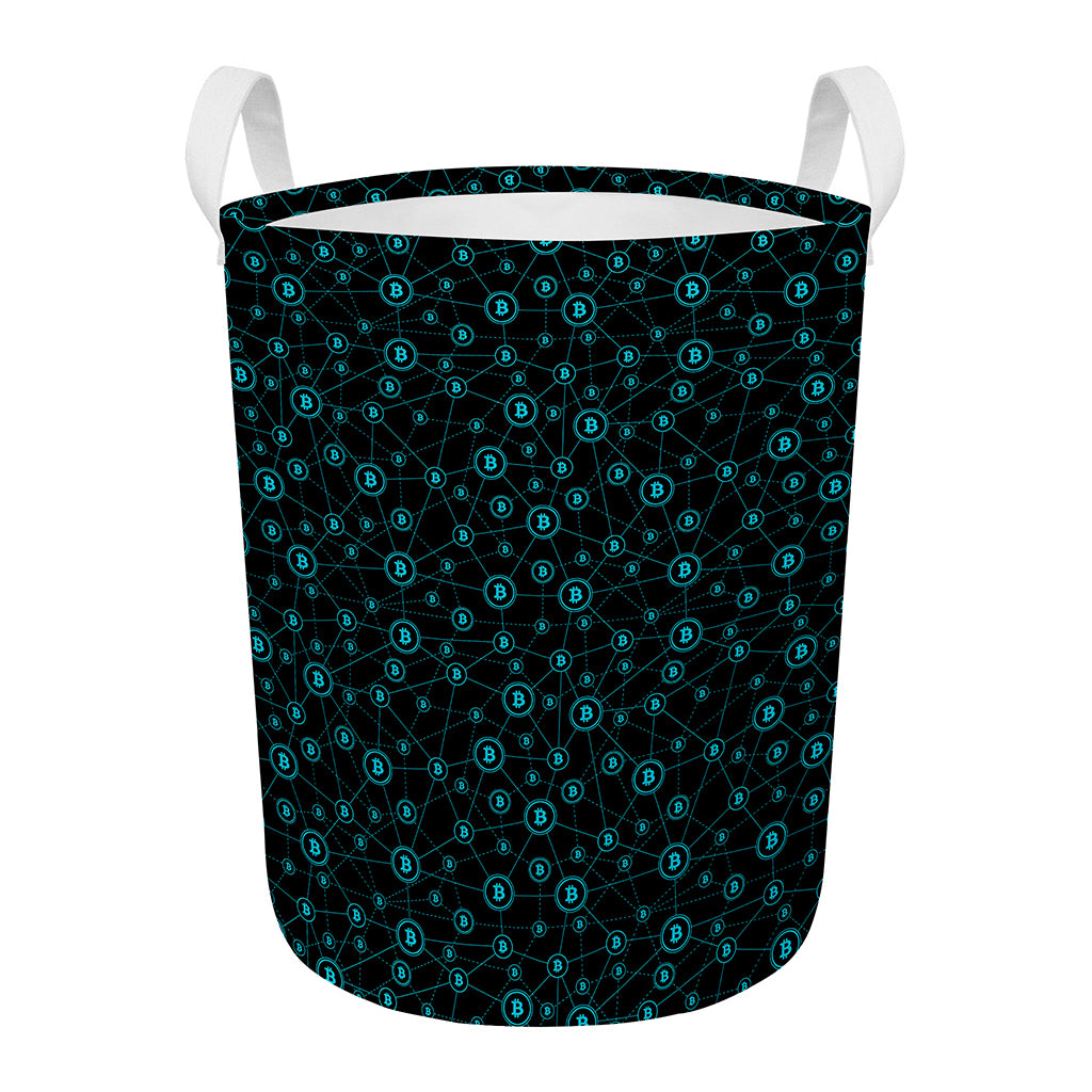 Blue Bitcoin Pattern Print Round Laundry Basket