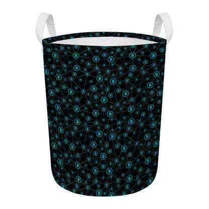 Blue Bitcoin Pattern Print Round Laundry Basket