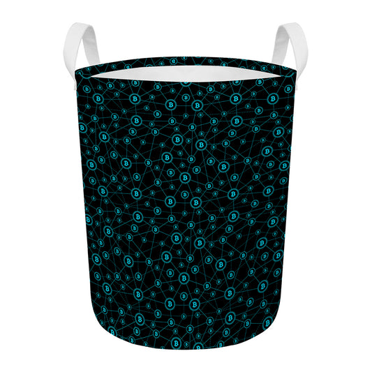Blue Bitcoin Pattern Print Round Laundry Basket