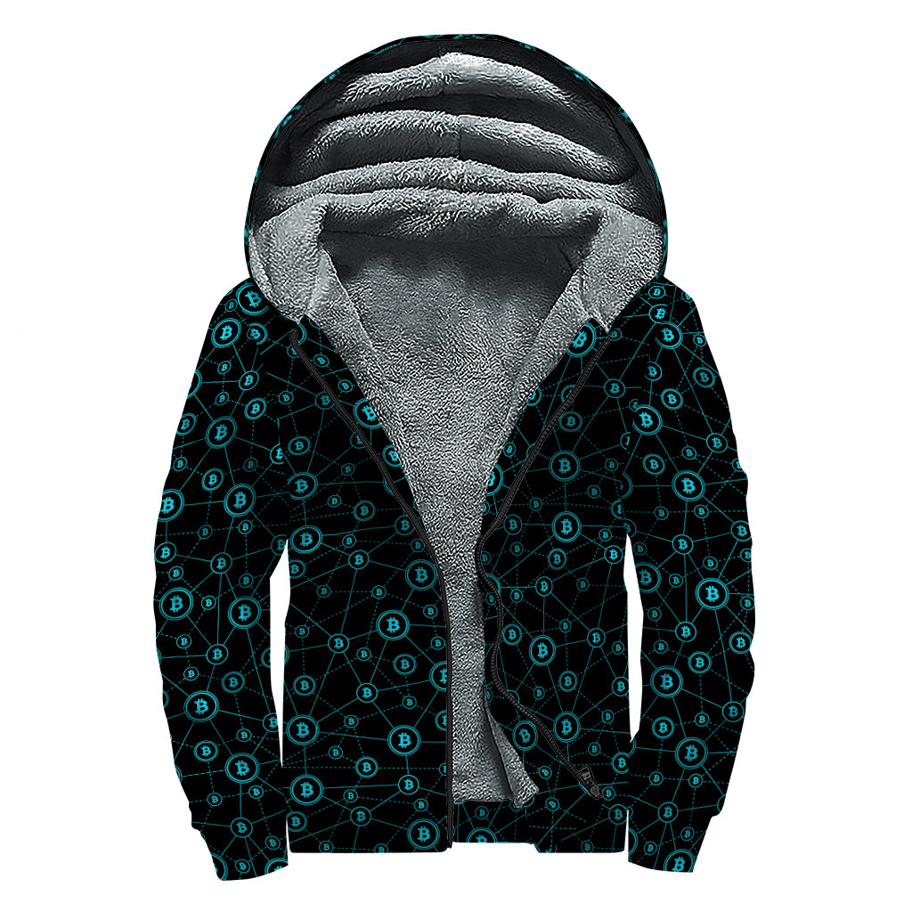 Blue Bitcoin Pattern Print Sherpa Lined Zip Up Hoodie