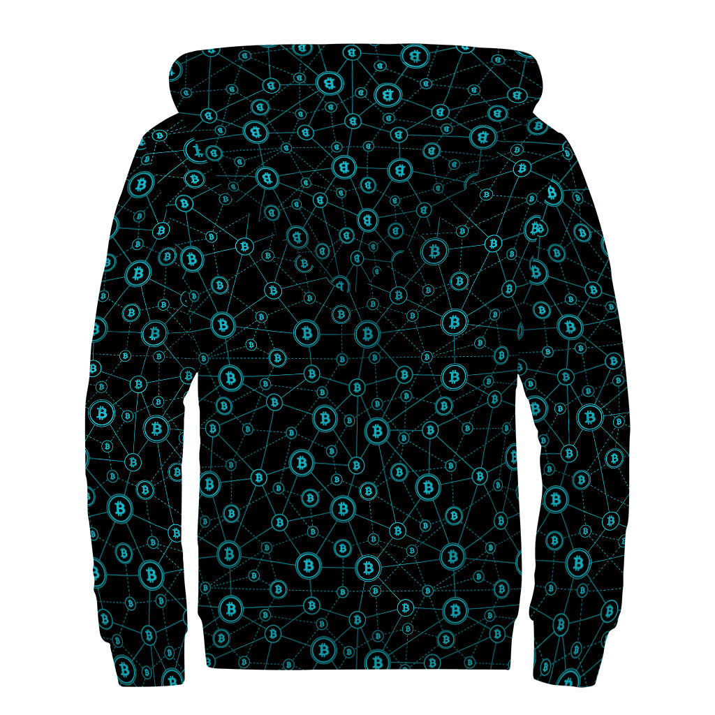 Blue Bitcoin Pattern Print Sherpa Lined Zip Up Hoodie