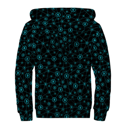 Blue Bitcoin Pattern Print Sherpa Lined Zip Up Hoodie