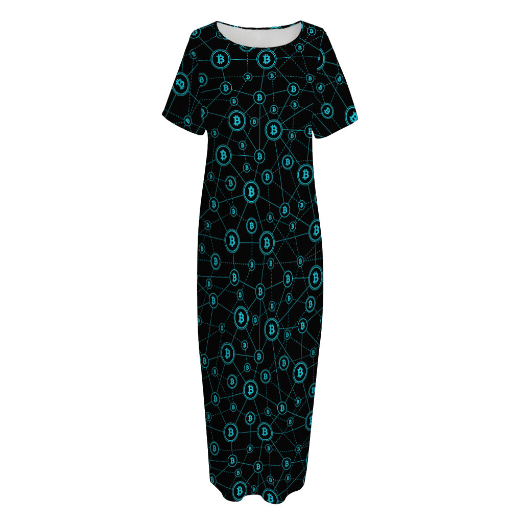 Blue Bitcoin Pattern Print Short Sleeve Long Nightdress