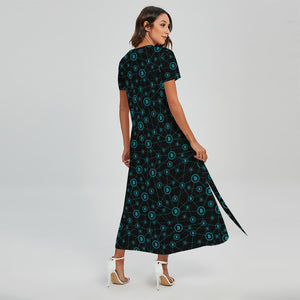 Blue Bitcoin Pattern Print Short Sleeve Maxi Dress