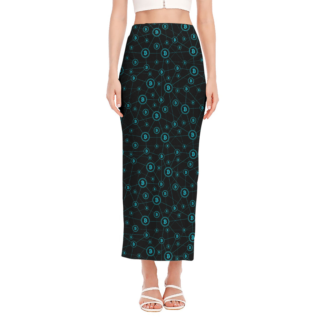 Blue Bitcoin Pattern Print Side Slit Maxi Skirt