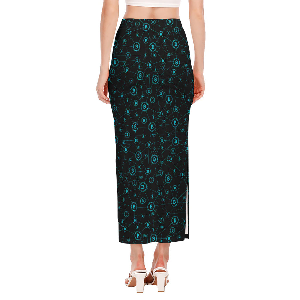 Blue Bitcoin Pattern Print Side Slit Maxi Skirt