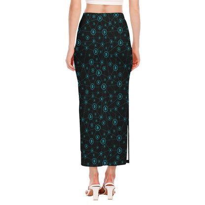 Blue Bitcoin Pattern Print Side Slit Maxi Skirt
