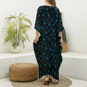 Blue Bitcoin Pattern Print Silk V-Neck Kaftan Dress