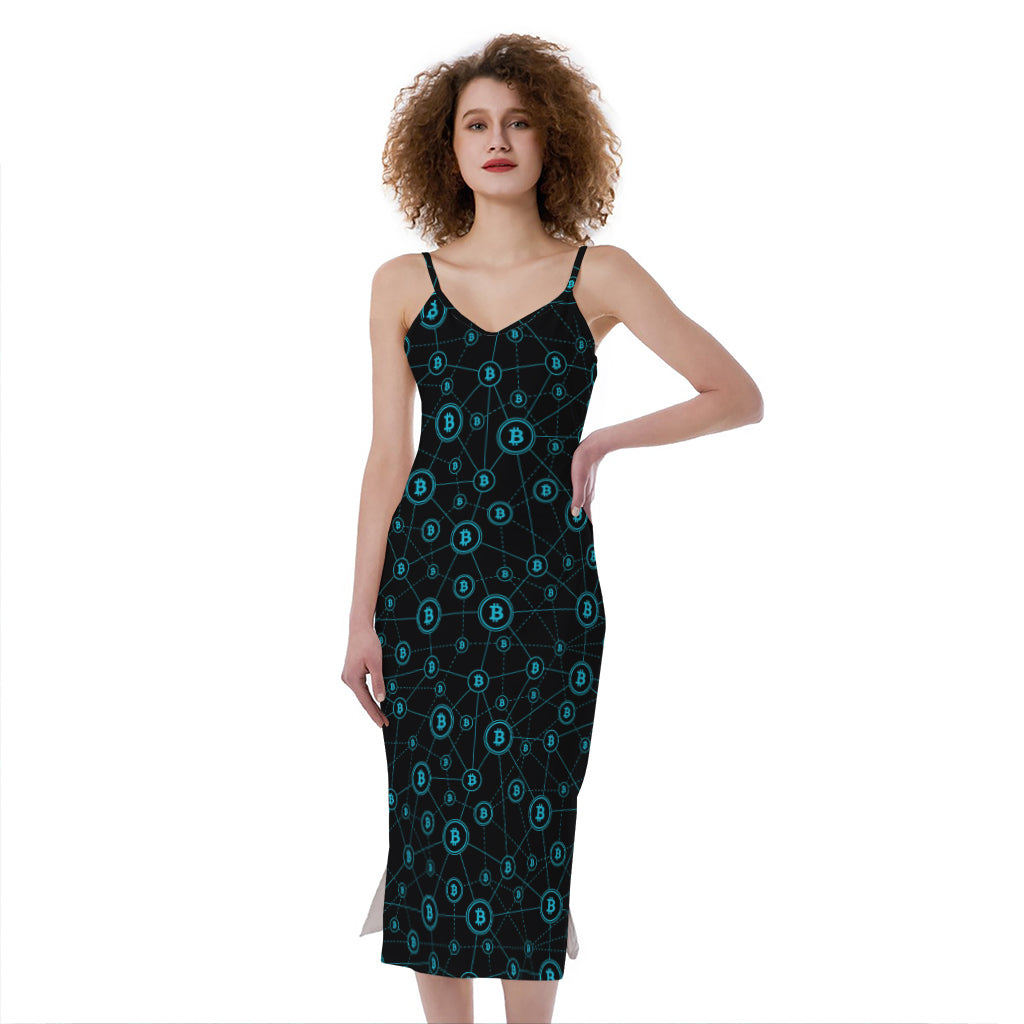 Blue Bitcoin Pattern Print Slim Fit Midi Cami Dress