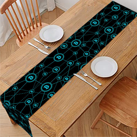 Blue Bitcoin Pattern Print Table Runner