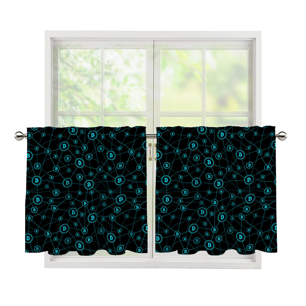 Blue Bitcoin Pattern Print Tier Curtains