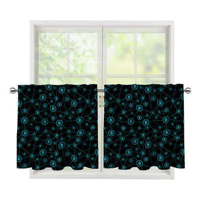 Blue Bitcoin Pattern Print Tier Curtains