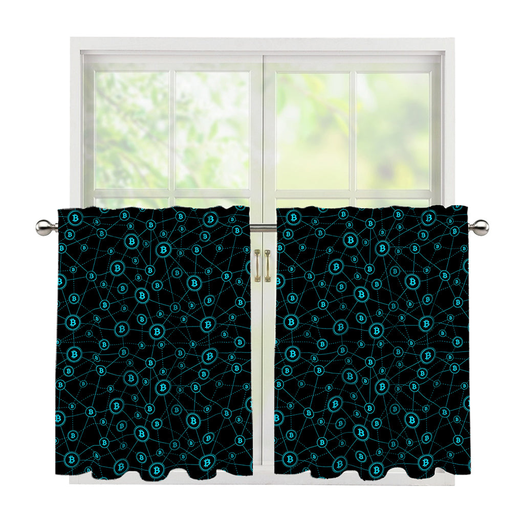 Blue Bitcoin Pattern Print Tier Curtains