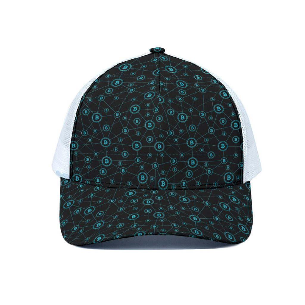 Blue Bitcoin Pattern Print White Mesh Trucker Cap