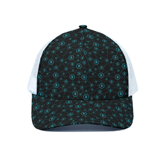 Blue Bitcoin Pattern Print White Mesh Trucker Cap