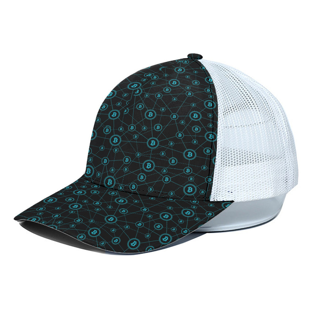 Blue Bitcoin Pattern Print White Mesh Trucker Cap