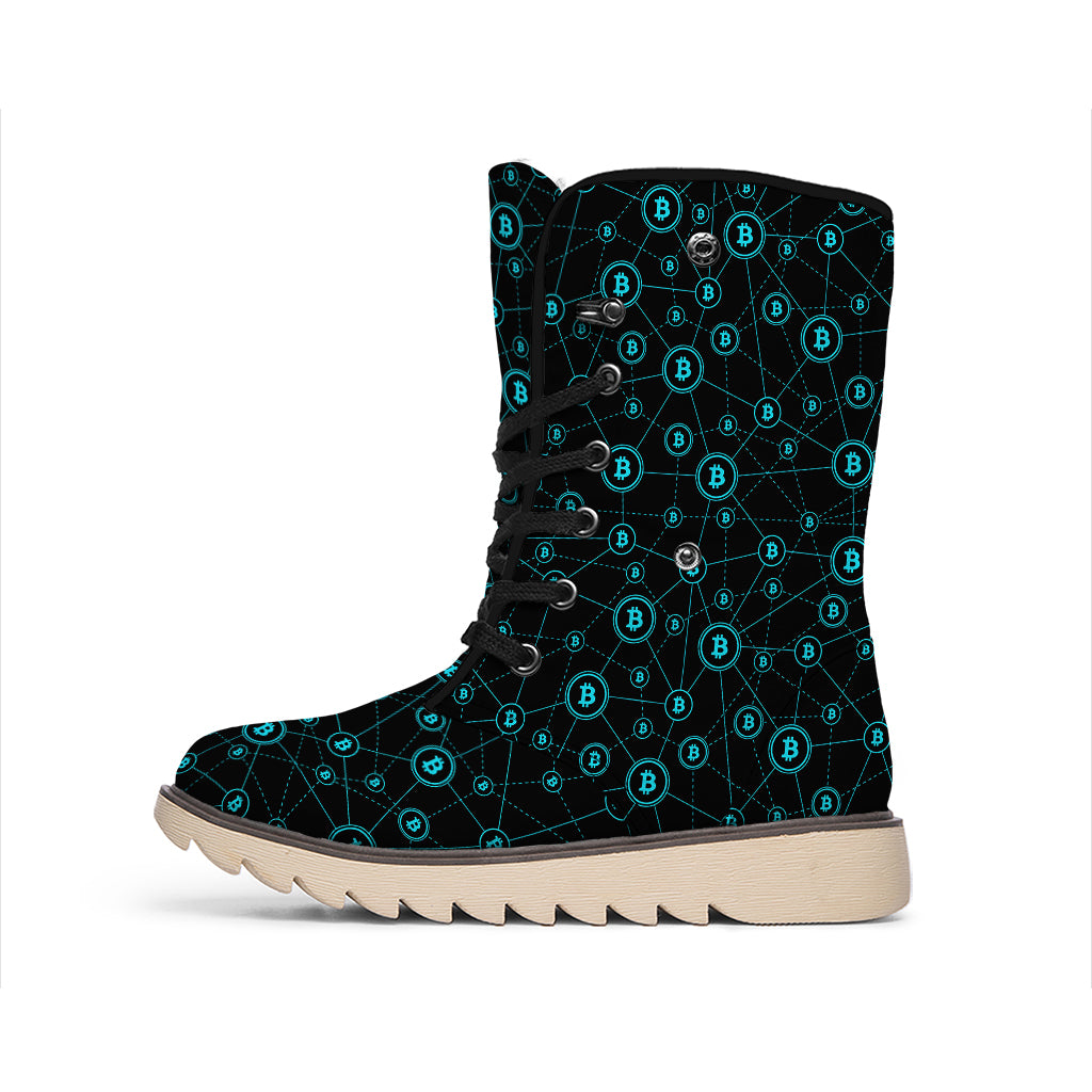 Blue Bitcoin Pattern Print Winter Boots