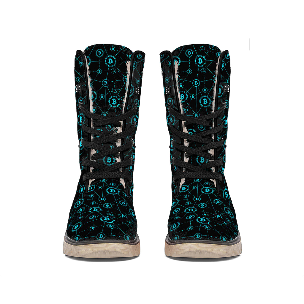 Blue Bitcoin Pattern Print Winter Boots