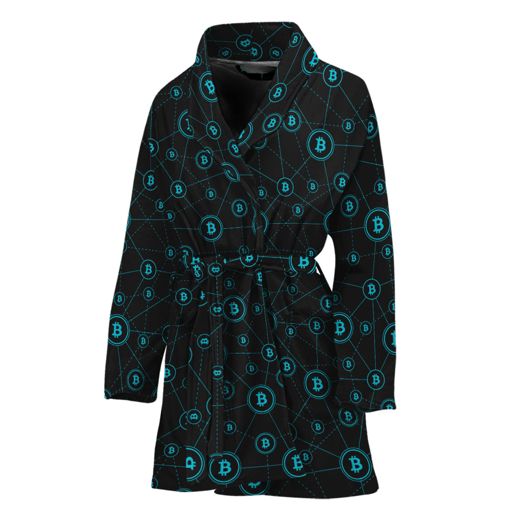 Blue Bitcoin Pattern Print Women's Bathrobe