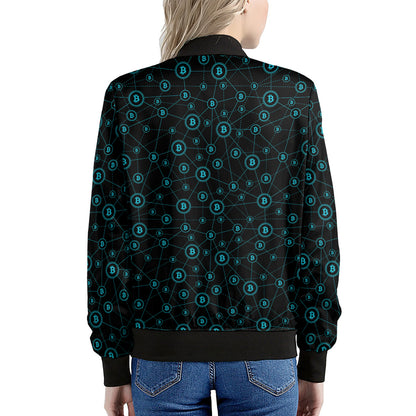Blue Bitcoin Pattern Print Women's Bomber Jacket