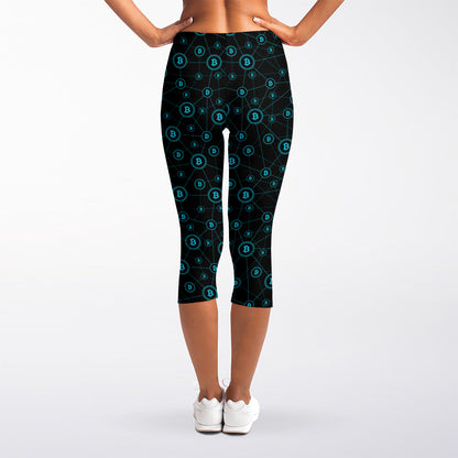 Blue Bitcoin Pattern Print Women's Capri Leggings
