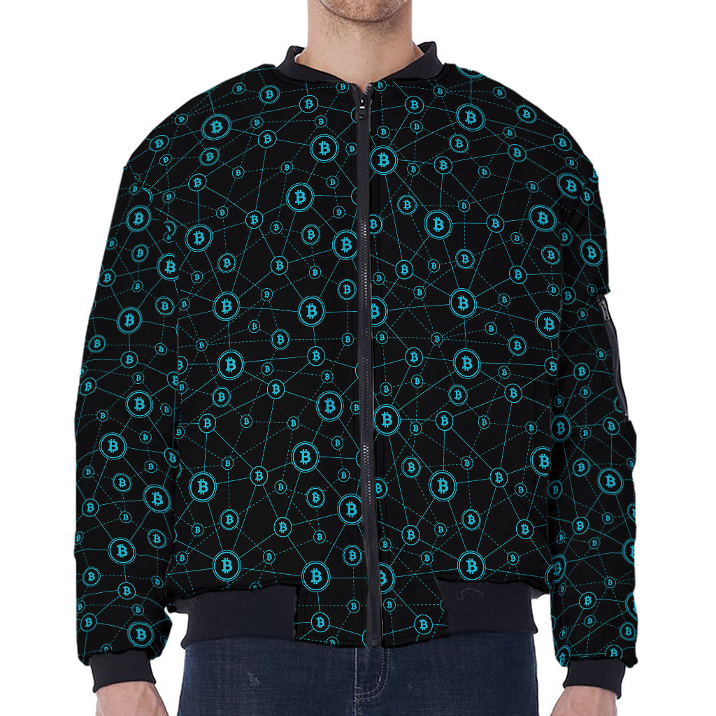 Blue Bitcoin Pattern Print Zip Sleeve Bomber Jacket